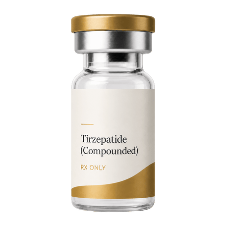 Vial labeled 'Tirzepatide (Compounded) RX ONLY' on a green background
