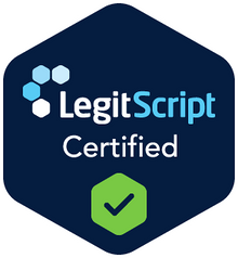 LegitScript Certified logo with a blue hexagon and green check mark on a white background